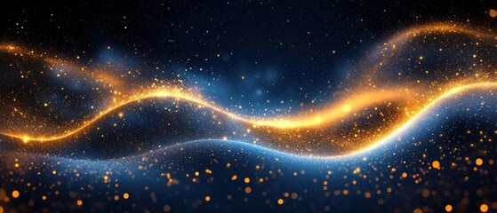 Abstract waves of golden and blue glowing particles creating a dynamic sparkling light trail on a dark background conveying energy and motion