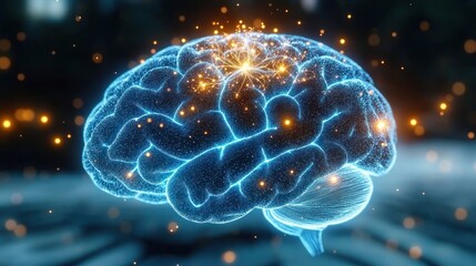 Digital 3D rendering of a glowing human brain with illuminated neural connections and spark-like particles representing brain activity and intelligence