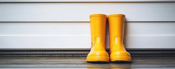 Pair of bright yellow rubber rain boots standing upright on dark wooden floor against white wall paneling