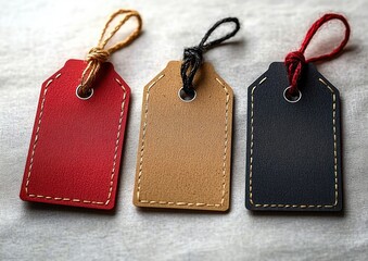 Three rectangular leather tags in red, brown, and black with stitched edges and different colored string loops on a light fabric surface