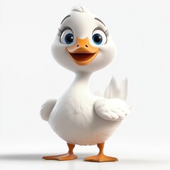 cute cartoon white duck with big blue eyes and an open happy beak standing confidently on two orange webbed feet