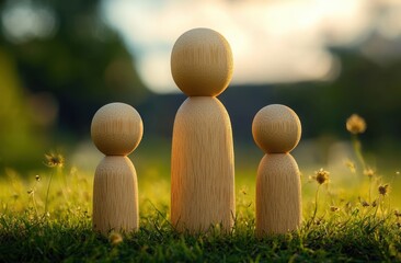 Three wooden peg dolls of varying sizes standing upright on grass with a blurred natural background in soft sunlight