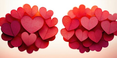 Clusters of red paper hearts arranged closely together against a soft light background, evoking feelings of love and warmth