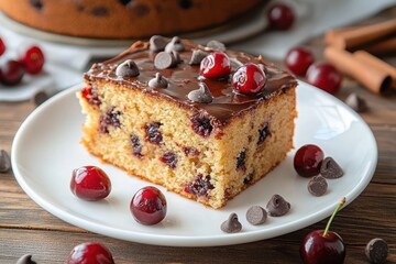 Square slice of cherry and chocolate chip cake with glossy chocolate frosting and fresh cherries on a white plate on a wooden table