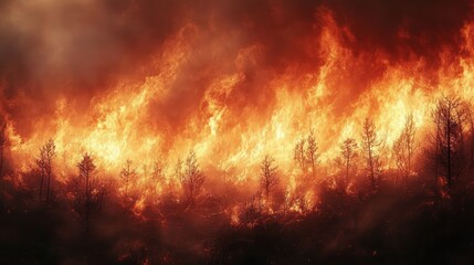 Intense wildfire consuming dry trees in a forest with large flames and thick smoke creating a dramatic and destructive scene
