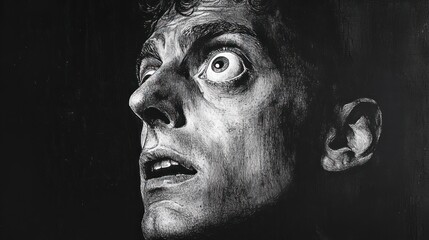 Close-up black and white portrait of a man with wide eyes and parted lips expressing intense fear or shock against a dark background