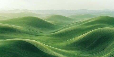 Smooth rolling green hills under soft light with a misty horizon creating a calm and peaceful atmosphere