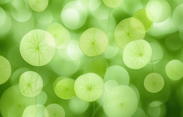 Close-up view of multiple translucent green circular leaves with visible veins against a soft green blurred background