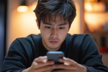 young man with focused expression looking intently at smartphone in dimly lit room with warm background lights