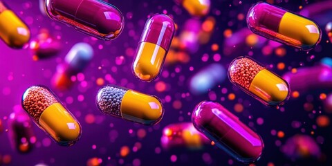 Close-up of vibrant orange and purple capsules filled with small granules suspended in a glowing, colorful background creating a futuristic and dynamic atmosphere