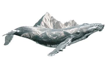 Surreal fusion of humpback whale and mountain landscape in double exposure art, cut out