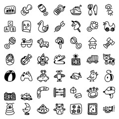 Children's Toys Hand Drawn Icon Set. Doodle Toy Icon Vector. baby toddler doodle vector icons hand drawn kids set