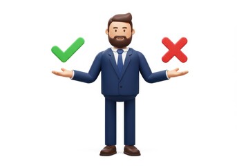 3D Illustration of Cartoon businessman presenting a choice between a green checkmark and a red x isolated on white background near 102 char