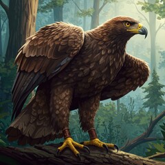 Fototapeta premium Majestic golden eagle perched on a branch in a serene forest setting artwork