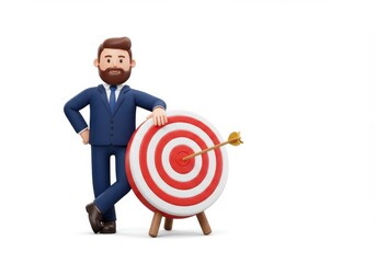 3D Illustration of Cartoon businessman in suit leaning on target with arrow in bullseye isolated on white background achieving success