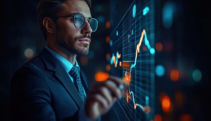 Focused businessman in glasses analyzing fluctuating financial charts on a digital transparent screen in a dark modern office environment