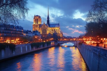Illuminated historic cathedral and city buildings along calm river at dusk with glowing street lights and dramatic cloudy sky