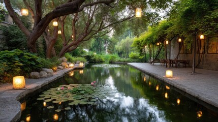 Obraz premium Tranquil atmosphere for serenity with peaceful pond view concept. Serene garden pond with lanterns, flowers, and lush greenery.