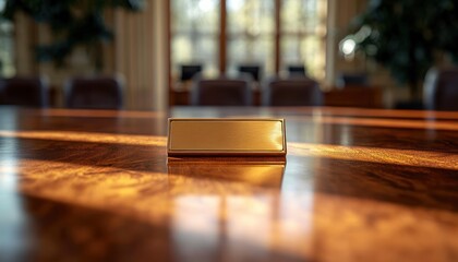 golden nameplate on polished wooden table in a sunlit boardroom with blurred chairs and large windows in the background conveying a professional and warm atmosphere