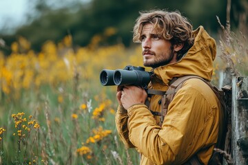 Young man in a yellow jacket holding binoculars looking thoughtfully into the distance in a field with yellow flowers and green foliage