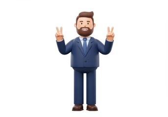 Fototapeta premium 3D Illustration of Cartoon 3d businessman in suit giving peace sign isolated on white background with a cheerful and confident expression