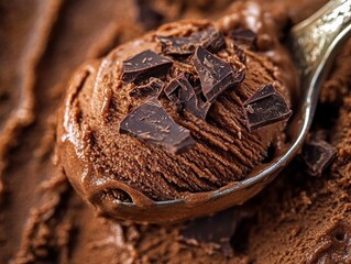 Close-up of a spoonful of smooth chocolate ice cream topped with dark chocolate chunks showcasing creamy texture and rich indulgence