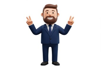 Fototapeta premium 3D Illustration of Cartoon businessman in a suit smiling and holding up peace signs isolated on white background, full shot