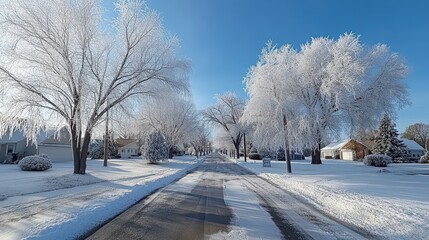 Obraz premium Snowy road in winter with ice covered trees and blue sky. Perfect for winter holiday greetings, seasonal promotions and decorations.