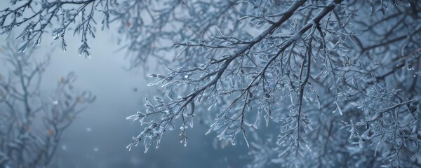 Frosty branches, snowflakes gently falling, icy blue tones , blue, background