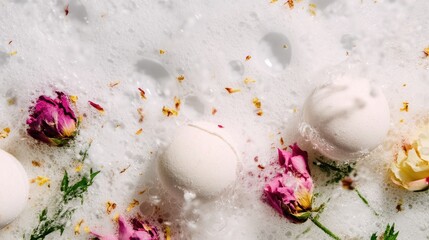 Relaxing bath scene with floral bath bombs and bubbles, creating a soothing atmosphere