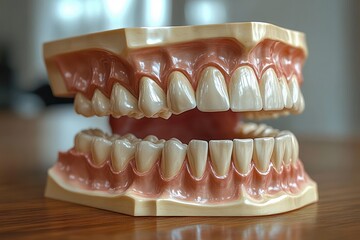 Obraz premium Realistic dental model showing upper and lower sets of teeth and gums on a wooden surface with natural lighting