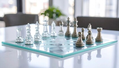 Stylish glass and metal chessboard placed on marble with shallow depth and smooth blur