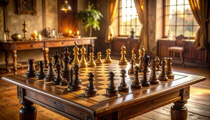 Vintage chess game illustration set in the 19th century with warm realistic tones