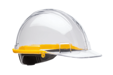 Clear safety hard hat with yellow trim on white background, cut out