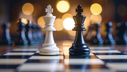 Black king and white queen face off in moody close-up with soft blur and light contrast