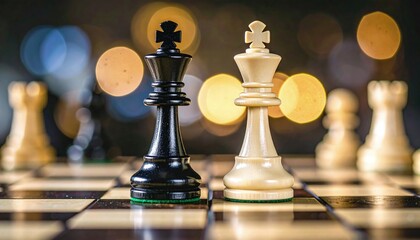 Dramatic focus on opposing chess royals with shallow depth and cinematic lighting