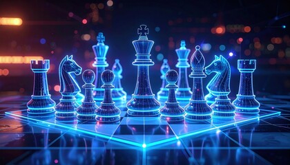 Neon holographic chess pieces on a virtual board in a high-tech sci-fi setting