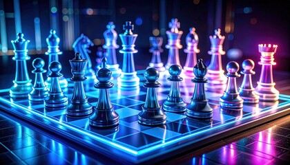Digital chess game with futuristic design and glowing elements in a dark cyber world