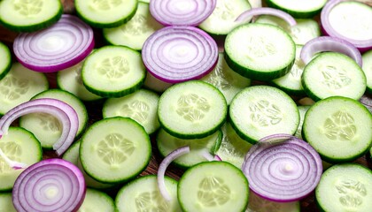 Fresh cucumber slices and red onion rings on rustic wooden surface, healthy vegetable ingredients for salad, vegan cooking, kitchen prep, organic food styling, close-up overhead view