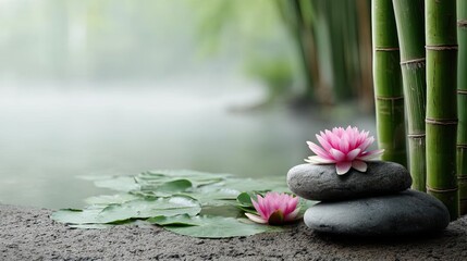 Bamboo forest for peaceful meditation and harmony concept. A serene view of lotus flowers and stones near tranquil water.