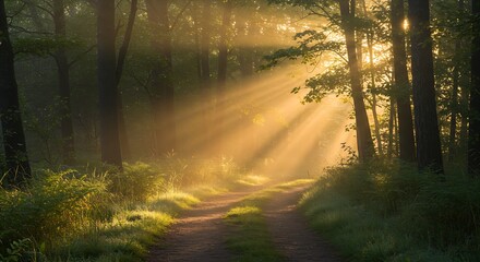 Obraz premium Ideal for calming backgrounds, this image showcases a magical misty forest with a sun-drenched path, symbolizing peace and nature's beauty.