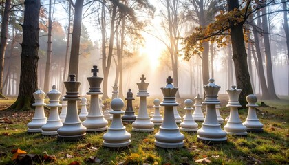 Oversized chess set placed in a misty woodland with ethereal light and fantasy tone