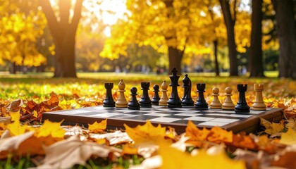 Autumn scene with chessboard on the ground, fallen foliage and gentle lighting