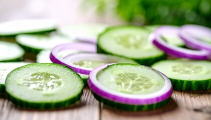 Fresh cucumber slices and red onion rings on rustic wooden surface, healthy vegetable ingredients for salad, vegan cooking, kitchen prep, organic food styling, close-up overhead view