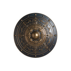 Naklejka premium Ornate decorative medieval shield dark bronze gold war on transparent background