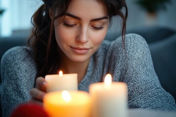 young woman with closed eyes holding a lit candle close to her face, surrounded by three glowing candles, creating a calm and peaceful atmosphere