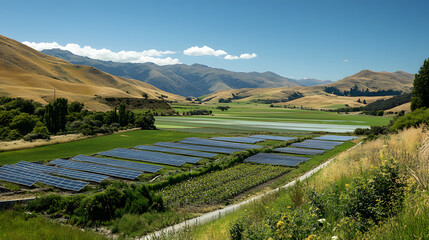 A vast sunny valley with solar panels spread across fertile green fields, symbolizing the balance of energy generation and agricultural growth.