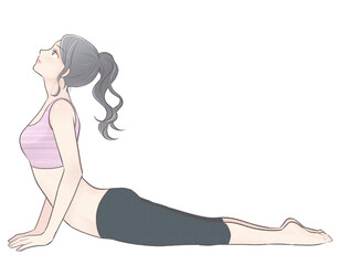 ヨガ（コブラのポーズ）をとるポニーテールの若い女性イラスト