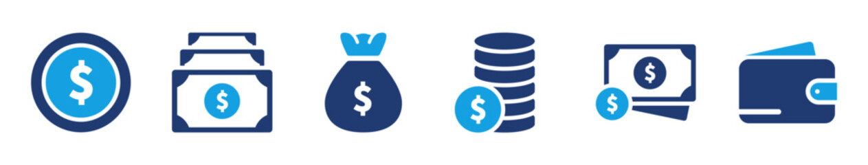 Money icon collection showing coin, jar, money bag, stacked coins, cash, and wallet in clean and modern solid design