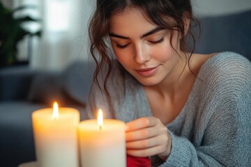 young woman in cozy sweater gently holding a lit candle with a calm and peaceful expression in a softly lit indoor setting